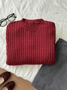 SHEIN Unity Encore Red Knitted Twist Cable Crew Neck Sweater, Autumn/Winter For New Year Clothes - Red - View 4