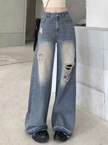 DAZY Jeans casuales lavados y desgastados, rotos y holgados para mujer