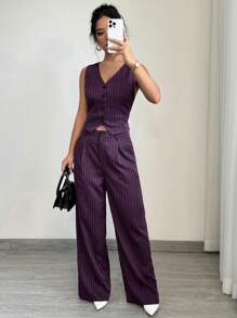Selianne Women Casual Striped Vest + Women Casual Suit Pants - Purple - View 4
