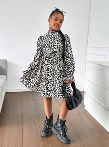 SHEIN Tween Girls Casual Woven V-Neck Long Sleeve Leopard & Ditsy Floral A-Line Dress, Suitable For Everyday Wear And Elegant Gatherings