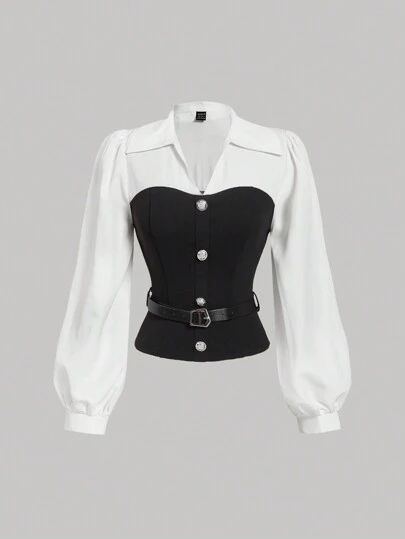 SHEIN MOD 女士黑白优雅衬衫配腰带，女士衬衫，新年女装，优雅女士，商务休闲女士，外出上衣