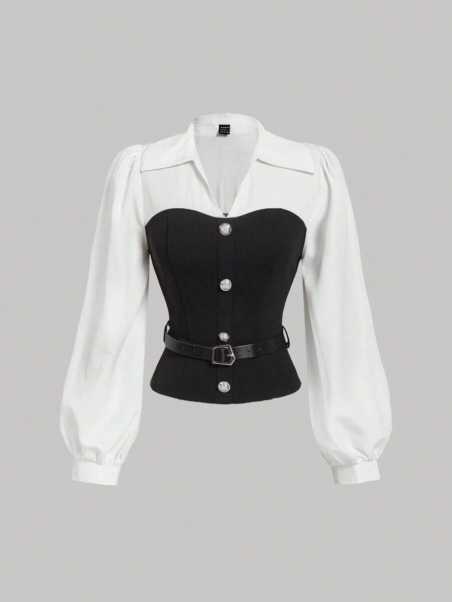 SHEIN MOD 女士黑白优雅衬衫配腰带，女士衬衫，新年女装，优雅女士，商务休闲女士，外出上衣 - 黑與白 - 查看 1