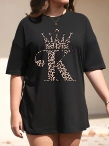 SHEIN LUNE 大码女式休闲宽松字母和豹纹落肩圆领 T 恤图案猎豹印花 T 恤女式上衣 - 黑色 - 查看 3