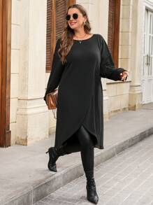 SHEIN Clasi Plus Size Solid Color Round Neck Criss-Cross Casual Versatile Women Long Sleeve Top