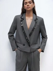 Maija 女士时尚都市撞色领水钻垫肩短款双排扣灰色西装外套，时尚简约，适合春夏季节，适合情人节、派对和聚会节日 - 灰色 - 查看 1