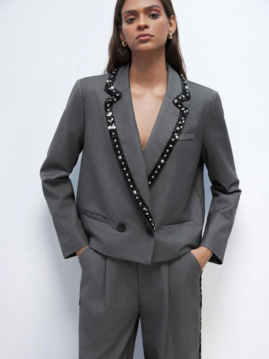 Maija 女士时尚都市撞色领水钻垫肩短款双排扣灰色西装外套，时尚简约，适合春夏季节，适合情人节、派对和聚会节日 - 灰色 - 查看 1