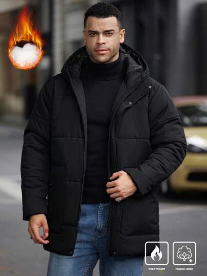 Manfinity Homme Palton căptușit cu glugă, cu fermoar, mărime mare, pentru bărbați, jachetă pentru bărbați, toamnă iarnă, haină caldă de iarnă, pentru ieșiri, pentru prieteni, soț, cadouri pentru iubit