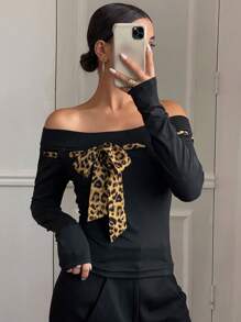 DAZY Color Block Leopard Print Off-Shoulder Long Sleeve Figure-Fitting Women T-Shirt Cheetah Print,Fall Clothes Cute Tops - Black - View 5