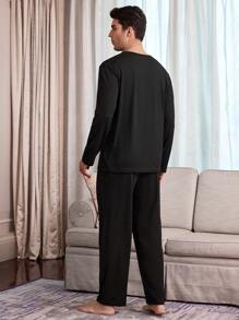 CoupledUp Letter Print Casual Pullover Short Sleeve Pants Men's Pajama Set - Black - View 3