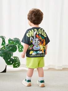 SHEIN Baby Jungen 2-teiliges Outfit: Cartoon-Tierdruck Pullover mit Dropped-Shoulder und Shorts mit Gummibund, geeignet für Lässig Sport, Zuhause, Ausflüge und Fotoshootings, Frühling/Sommer - Grün - Übersicht 5