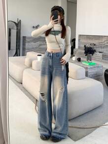 DAZY Jeans casuales lavados y desgastados, rotos y holgados para mujer