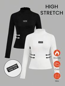 SHEIN EZwear Bộ 2 áo thun dài tay ôm vừa vặn thêu miếng vá đen trắng, lớp lót thu đông - Nhiều màu - Xem 1