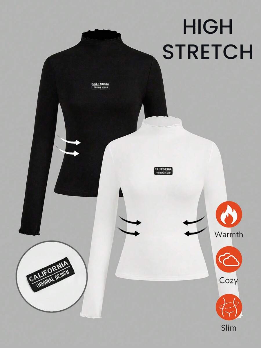 SHEIN EZwear Bộ 2 áo thun dài tay ôm vừa vặn thêu miếng vá đen trắng, lớp lót thu đông - Nhiều màu - Xem 1