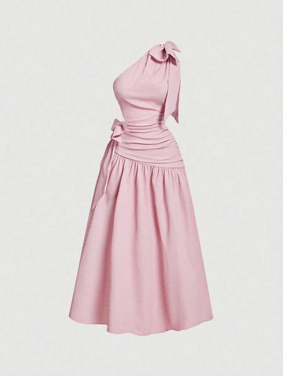 SHEIN MOD 女士无袖优雅大蝴蝶结吊带粉色连衣裙，送女装，除夕晚礼服，节日礼服，女士夏季连衣裙，茶会礼服，女士柔和色调连衣裙 - 粉色 - 查看 1