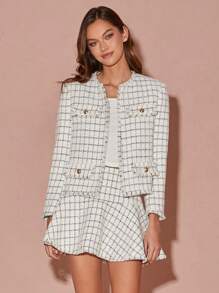Enchnt Autumn/Winter Romantic Women's White Plaid Sweet Cute Elegant High Waist Patchwork Tassel Hem Tweed Mini Skirt,Fashionable Outfits For Thanksgiving&Christmas Party&Everyday Date&Daily Commuting&Office Wear