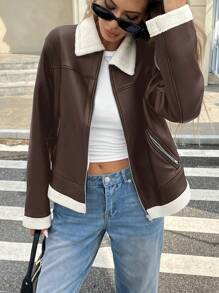 SHEIN Frenchy Chaqueta de motociclista para mujer con cremallera frontal, manga larga, bolsillo, y detalles de piel sintética y de pelo sintético