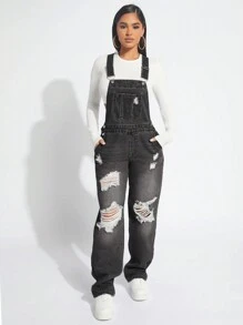SHEIN SXY Women's Wide Strap Pocket Distressed Minimalist Casual Denim Bib Overalls - Dark Grey - View 3