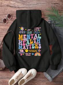 INAWLY Áo nỉ dài tay có mũ in họa tiết tối giản nhiều màu sắc dành cho nữ, thích hợp mặc hàng ngày, áo hoodie casual với thông điệp: "Không sao cả nếu bạn không ổn, bạn đủ tốt, thế giới sẽ tốt đẹp hơn khi có bạn, sức khỏe tinh thần rất quan trọng, đừng quá tự ti, hãy tiếp tục cố gắng, chấm dứt sự kỳ thị", áo nỉ chui đầu mùa thu. - màu đen - Xem 3