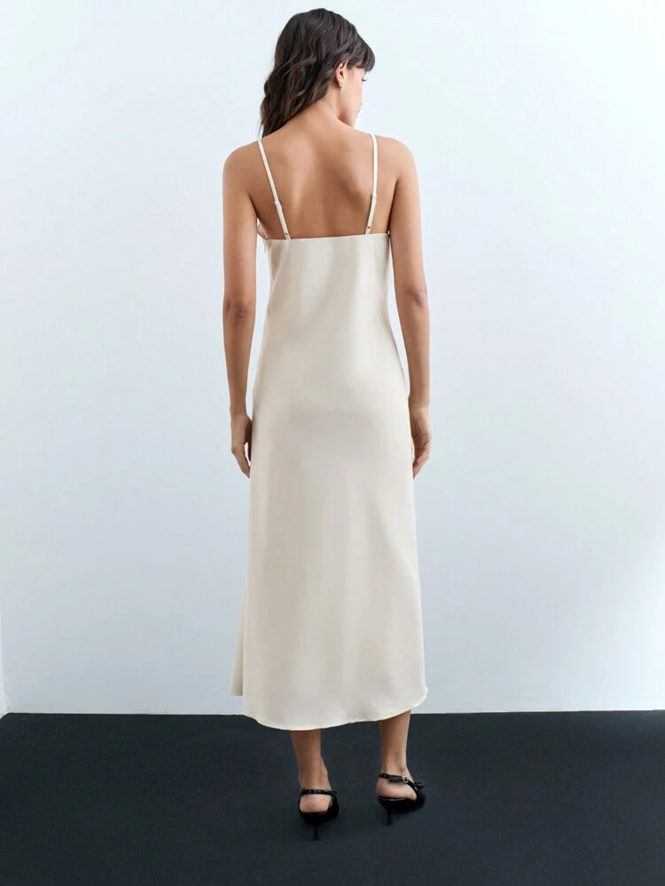 SHEIN Maija Women's Elegant Satin Decorated Adjustable Strap Midi Dress, Party & Occasions, Beige, Autumn/Winter