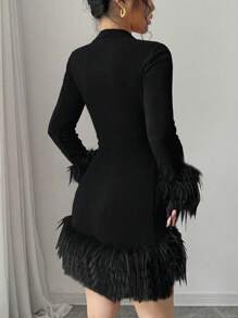 Rafferiza Women Crew Neck Long Sleeve Fuzzy Patchwork Casual Mini Sweater Dress