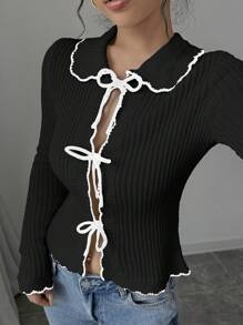 Elenzga Blusa casual de manga larga con botones frontales y ribete de color contrastante para mujer