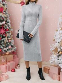SHEIN LUNE Vestido de pana de invierno ceñido de cuello alto y media cremallera, de forro polar gris para mujer - Gris - Ver 6