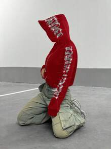 StreetHx 女士哥特式文字水钻装饰短款拉链连帽卫衣，秋冬季新年毕业季、返校季、毕业典礼、教师节、返校套头衫 - 紅色 - 查看 4