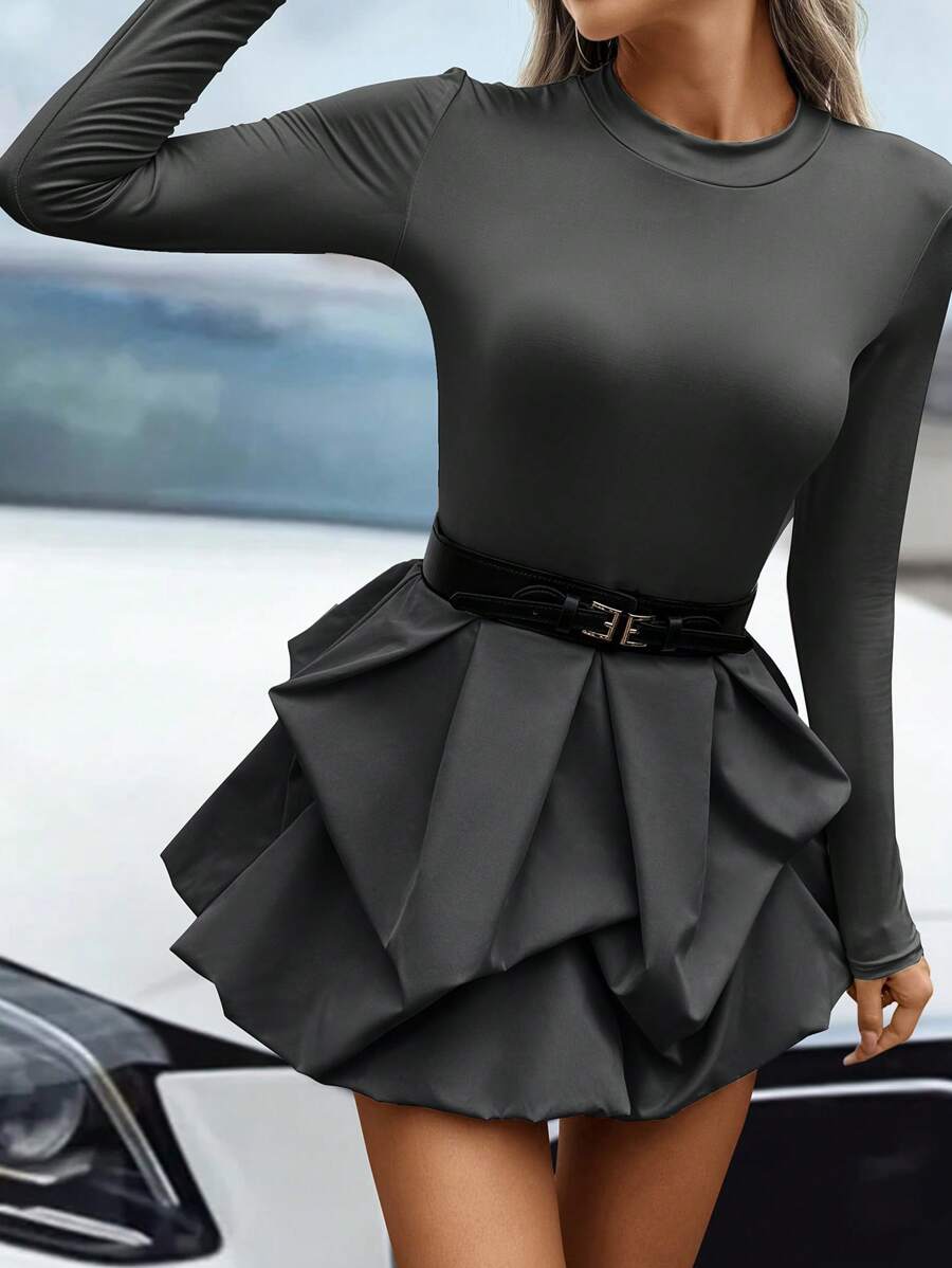 SHEIN Unity Plus Size Elegant Solid Color Bud Hem Mini Dress, Autumn - Grey - View 1