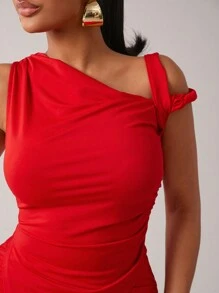 Radiana Summer;Women 2Pcs Set Asymmetric Collar Ruffle Slim Fit Top And Body-Con Skirt, Fashionable