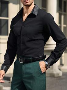 Manfinity Mode Men's Solid Color Button Front Long Sleeve Pocket Casual Shirt - Black - View 1