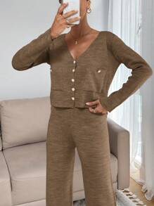 2pcs Women Casual Button Front Long Sleeve Top And Long Pants Set