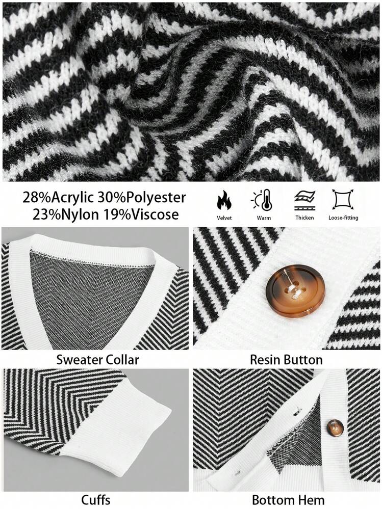 BizChic 黑白拼色开衫毛衣，时尚连帽长袖套头衫，女士专业办公服装，春夏，感恩节，新年， - 黑與白 - 查看 3