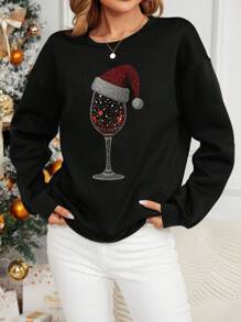 SHEIN EZwear 大码女式休闲简约圣诞印花圆领宽松厚款运动衫，秋冬