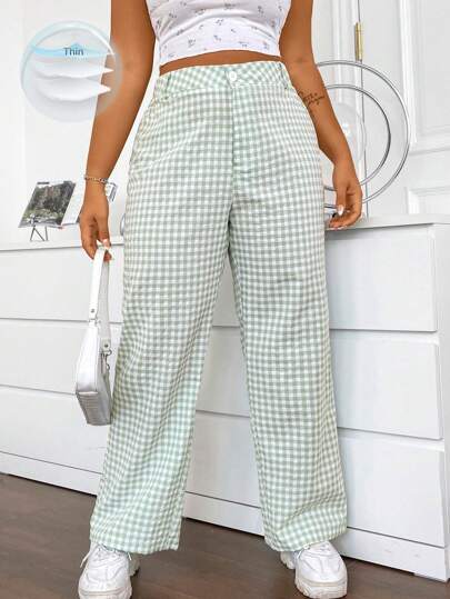 Flirla Plus Size Plaid Straight Pants