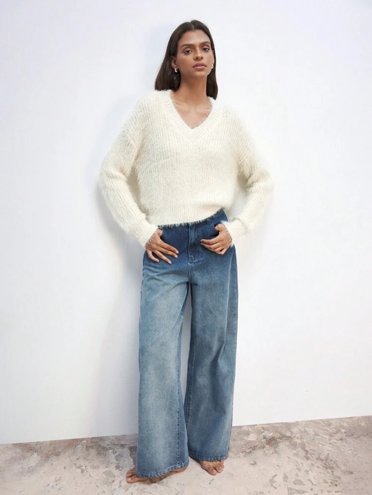 SHEIN Maija Women Fluffy V-Neck Drop Shoulder Long Sleeve Pullover Sweater, Warm, Soft, Comfortable, Urban Casual For Autumn/Winter, Essential For Christmas Atmosphere