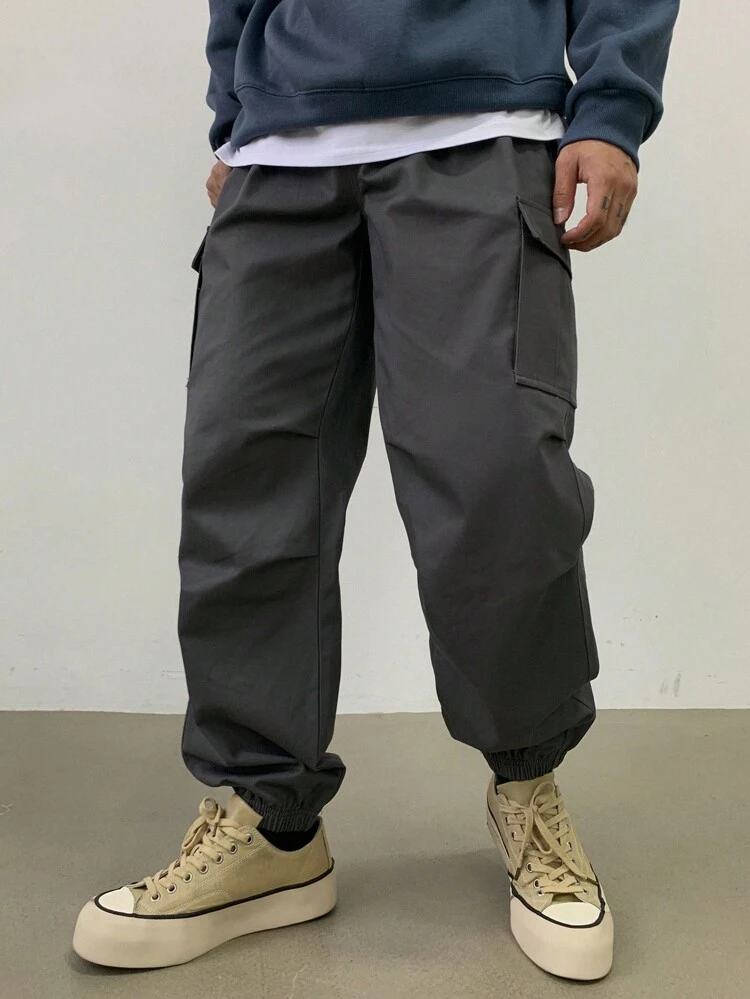 Men's Solid Color Pocket Simple Design Casual Long Pants, Daily Wear Men Joggers