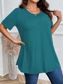 大码女式纯色圆领短袖休闲 T 恤 - 霧霾藍 - 查看 5