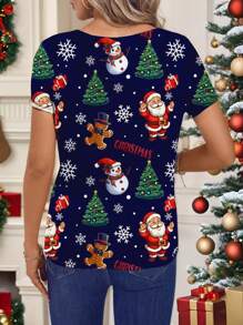 SHEIN Essnce Áo thun nữ cổ chữ V in hình ông già Noel, cây thông Noel và người đàn ông bánh gừng, Giáng sinh - Nhiều màu - Xem 2