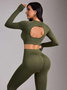 Easithlete Bộ đồ thể thao tập gym nữ thời trang hở lưng co giãn dài tay liền mạch và quần legging - Màu xanh Ô liu - Xem 9