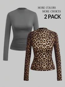 SHEIN Clasi 2pcs Women Leopard Print Mock Neck Versatile T-Shirts