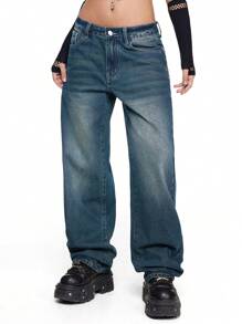 ROMWE Grunge Punk Quần Jeans Rách Lưng Thấp Y2K PUNK Có Cánh Sau, Dây Xích Và Đồ Họa Thêu Chữ Thập - Màu xanh lam - Xem 5