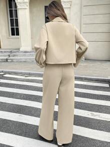 Serisse 女士纯色翻领长袖双排扣夹克和裤子两件套休闲套装，秋季 - 杏色 - 查看 2