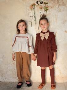 SHEIN LMoss Kids LMoss Young Girls Colorblock Bow Decor Long Sleeve Loose Ruffle Hem Dress - Brown - View 5