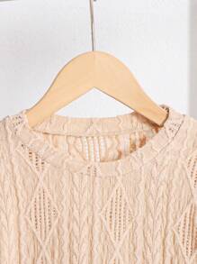 SHEIN Leap Crew Áo crop top tay dài vải họa tiết giản dị rộng rãi cho bé gái tuổi mới lớn có cổ tròn và vai trễ - Màu be - Xem 5