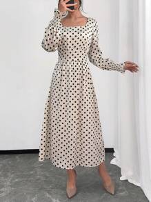 Chiquease 女士优雅长款圆点灯笼袖连衣裙超长款女装 - 杏色 - 查看 5