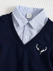 SHEIN Baby Boy Cute Cartoon Pattern Colorblock Striped Long Sleeve Sweatshirt, Versatile For Autumn/Winter, For Christmas - Multicolor - View 6