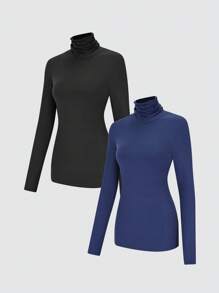 SHEIN BASICS 2 件套休闲纯色针织立领修身长袖 T 恤女款 - 彩色 - 查看 3