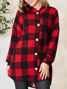 Camisa casual de mujer con capucha, cuello, botones frontales y mangas largas con estampado de cuadros