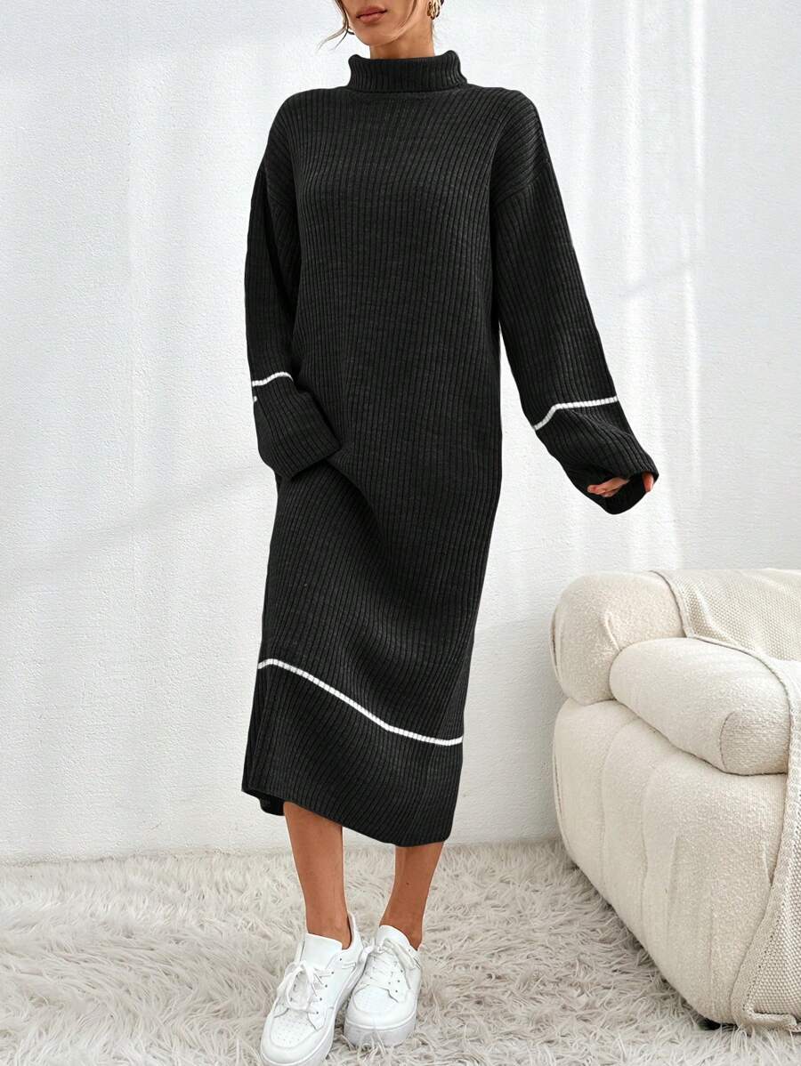 EURMUSE Women Drop Shoulder Long Sleeve High Collar Ribbed Color Block Sweater Dress, Autumn/Winter - Black - View 1