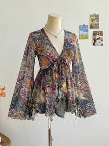 Soleia Women's Boho V-Neck Tie-Up Long Flare Sleeve Floral Print Casual Top, Summer Vacation Beach Outfits - Multicolor - View 4